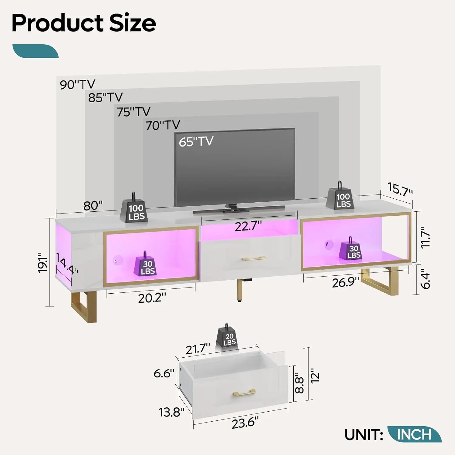 80 Inch TV Stand for 65/75/85/90 Inch TVs LED Gaming Entertainment Center with Open Storage and Half-Glass Design Drawer Modern