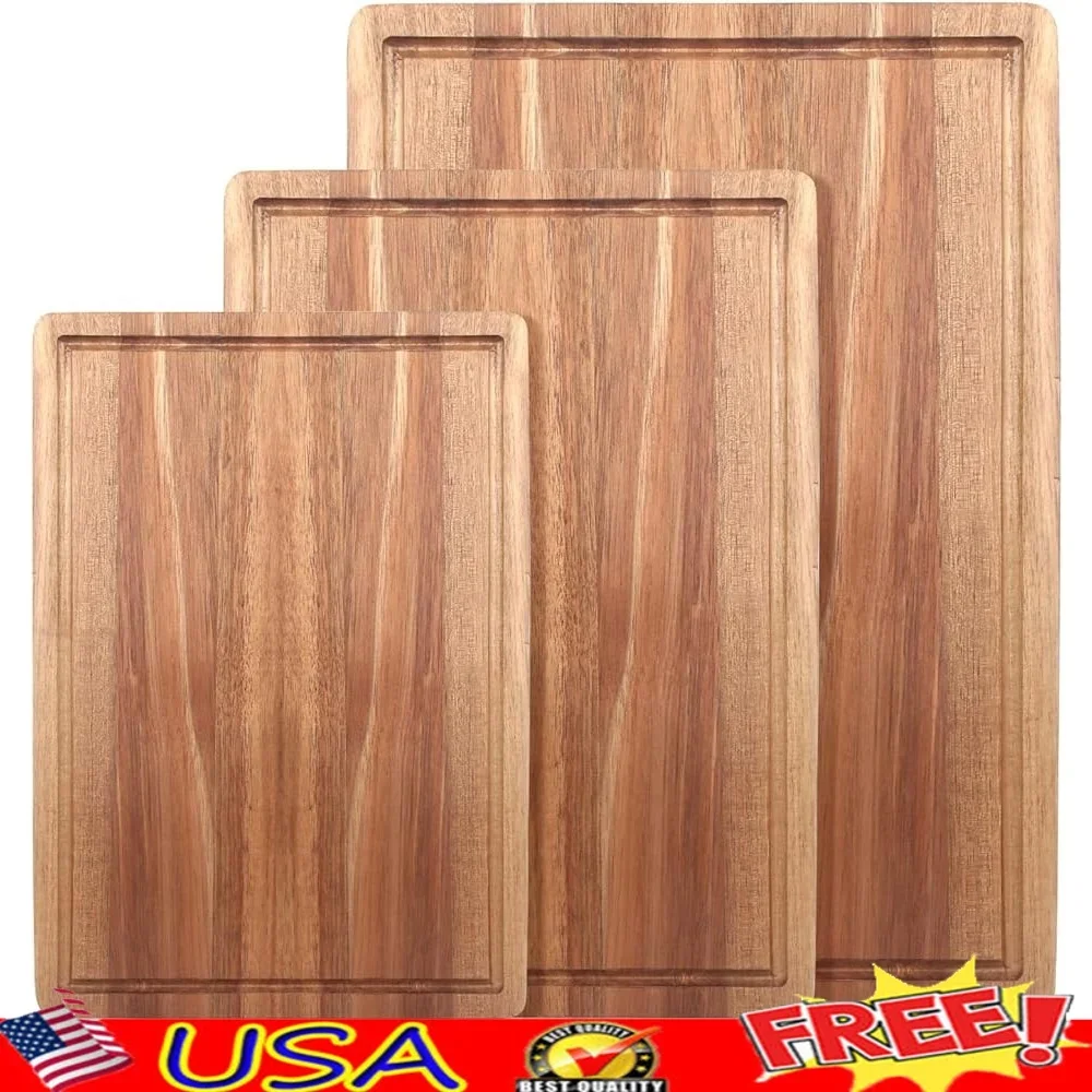 

3 Pack Acacia Wood Cutting Boards Set Kitchen Chopping Board Non Toxic Multi Size Reversible Meat Fruit Vegetable Charcuterie