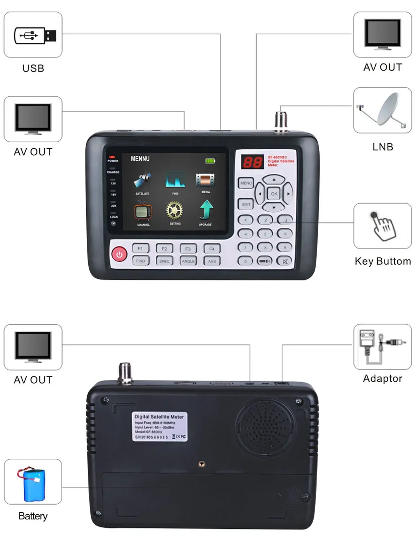 GECEN SF-6500GC Digital HD Satellite Finder Meter With 4.3 Inch HD LCD Screen For EU/US/UK Plug For Camera Application
