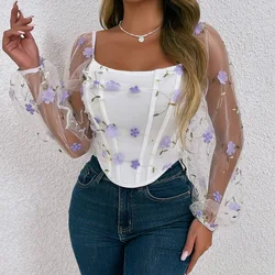 Smiles Europe and the United States cross-border summer new Amazon burst lace flowers embroidery fishbone bubble sleeve blouse