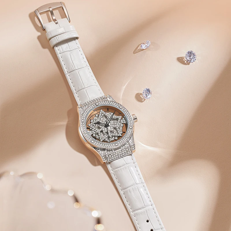 Mark Fairwhale Rotation Hollow Diamond Ladies Watch - Waterproof Leather Strap Luxury Wristwatch Elegant Fashion for Women