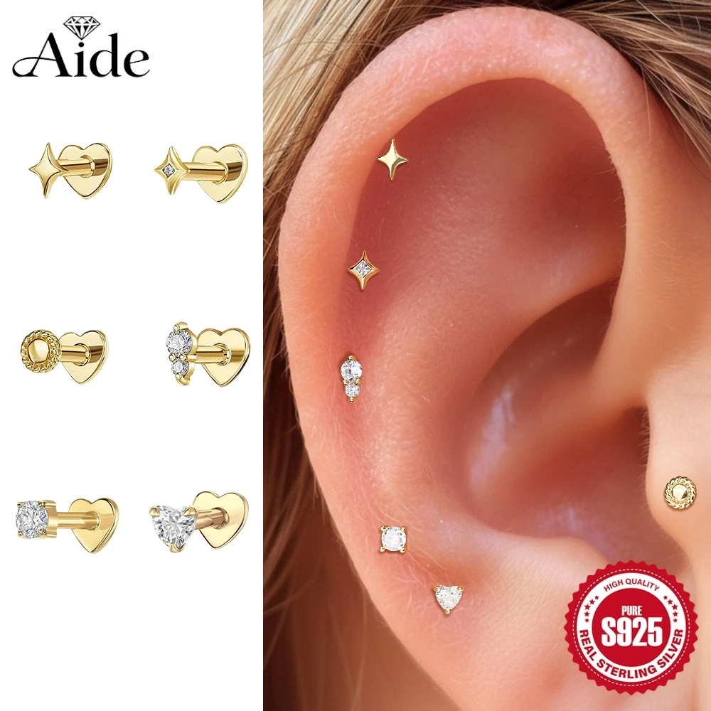 AIDE 925 Sterling Silver Shiny Star/Heart Zircon Heart Shaped Flat Back Piercing Earring  for Women Internal Thread Party Gifts
