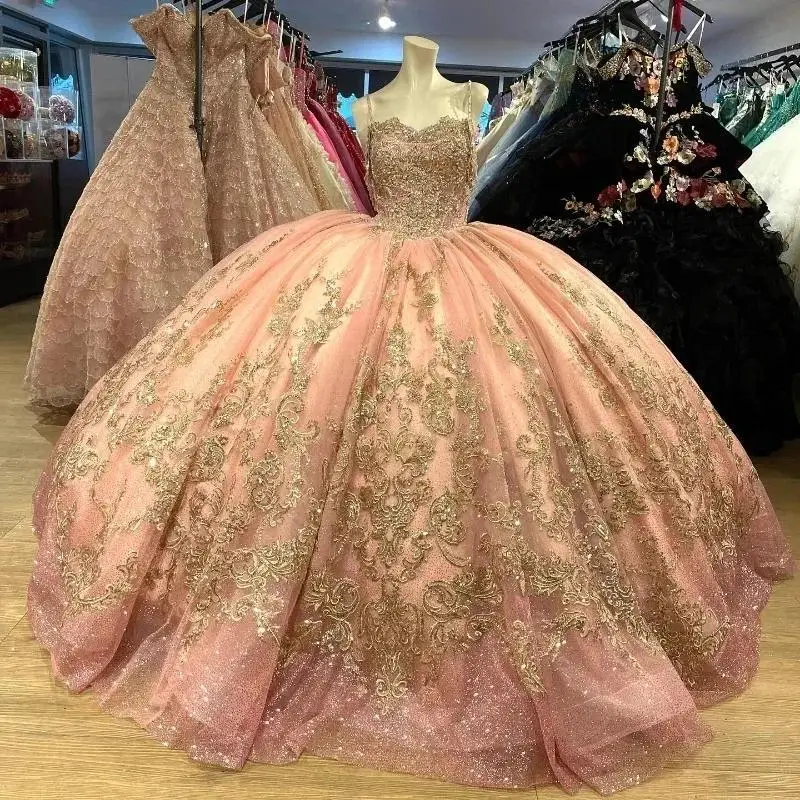 Pink Quinceanera Dresses Sweet 15 16 Gold Applique Lace Beads Birthday Gown Vestidos Para XV Princess Customized