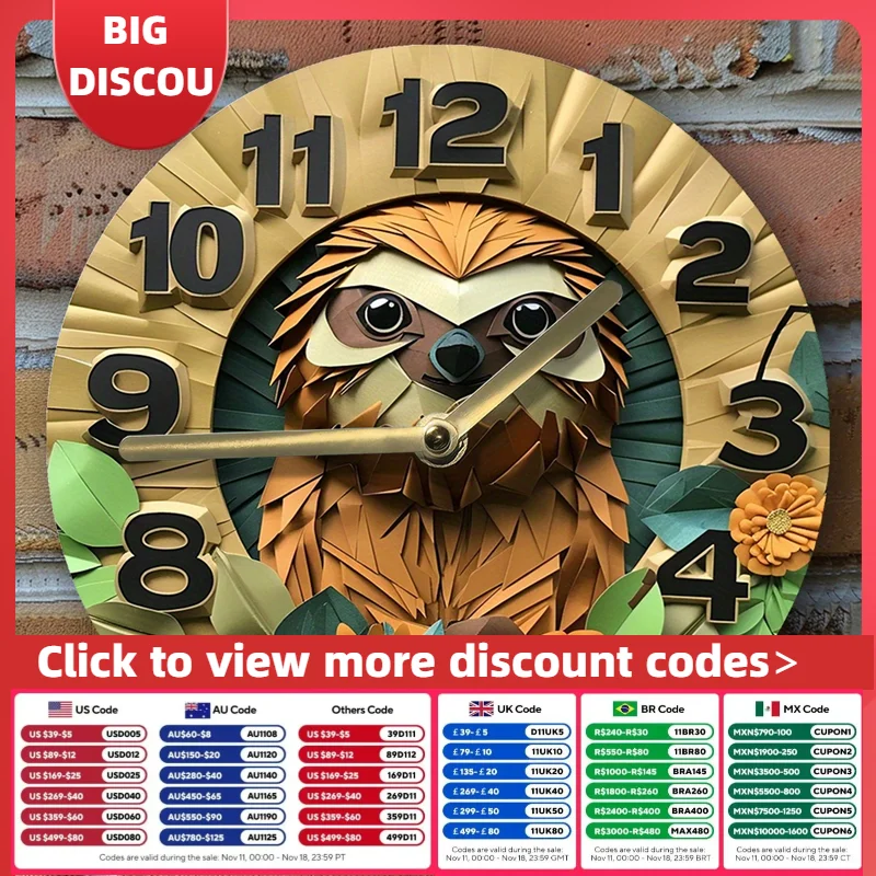 2D Effects Silent Wall Clock - Sloth Theme Decoration - DIY Clock - Perfect for Summer Dormitory or Father's Day Decorations