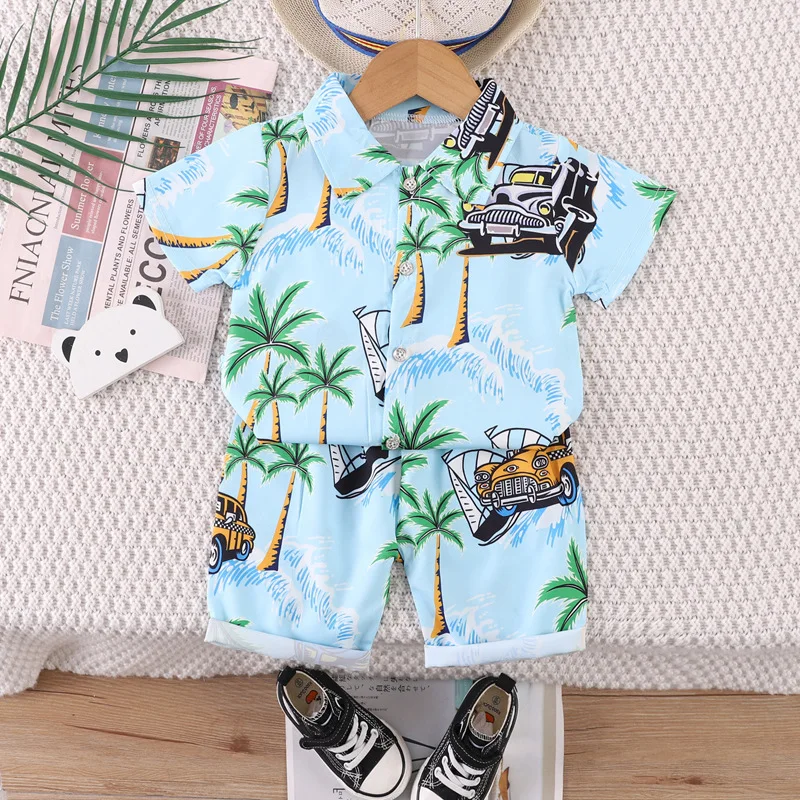 Children's short-sleeved suit Hawaiian-style beach suit 0-4-year-old boy full printed shirt and shorts two-piece suit