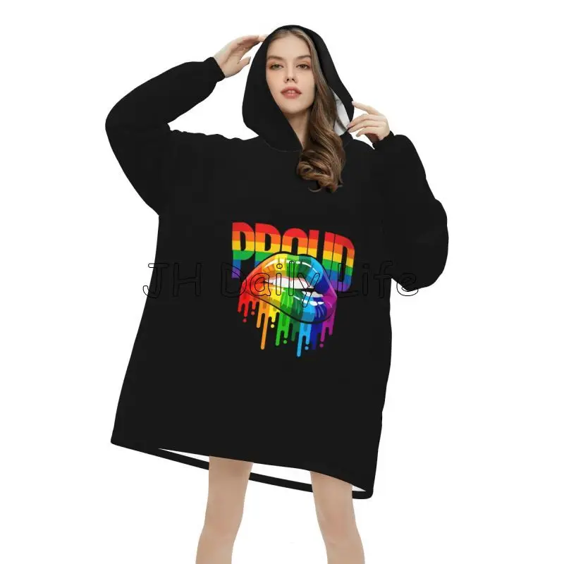 Proud LGBT Rainbow Lips Wearable Blanket Hoodie Women Oversized Pullover Sweatshirt Flannel Fleece Sherpa Blanket with Pockets