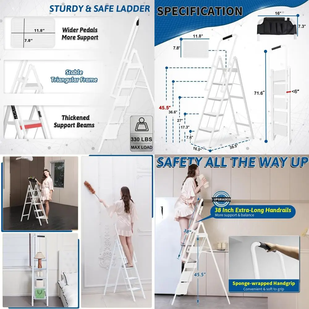 

5-Step Folding Ladder with Handrails, Portable and Safe Stool for Home Use, Anti-Slip Steps, Outdoor/Indoor Ladder with Tool Bag