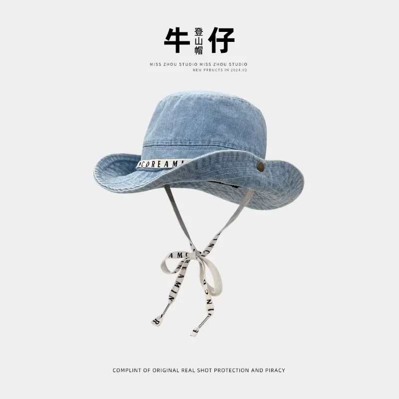 2024 New Strap-up Western Cowboy Hats for Women Spring and Summer Outdoor Fishing Sun Protection Denim Bucket Caps Men