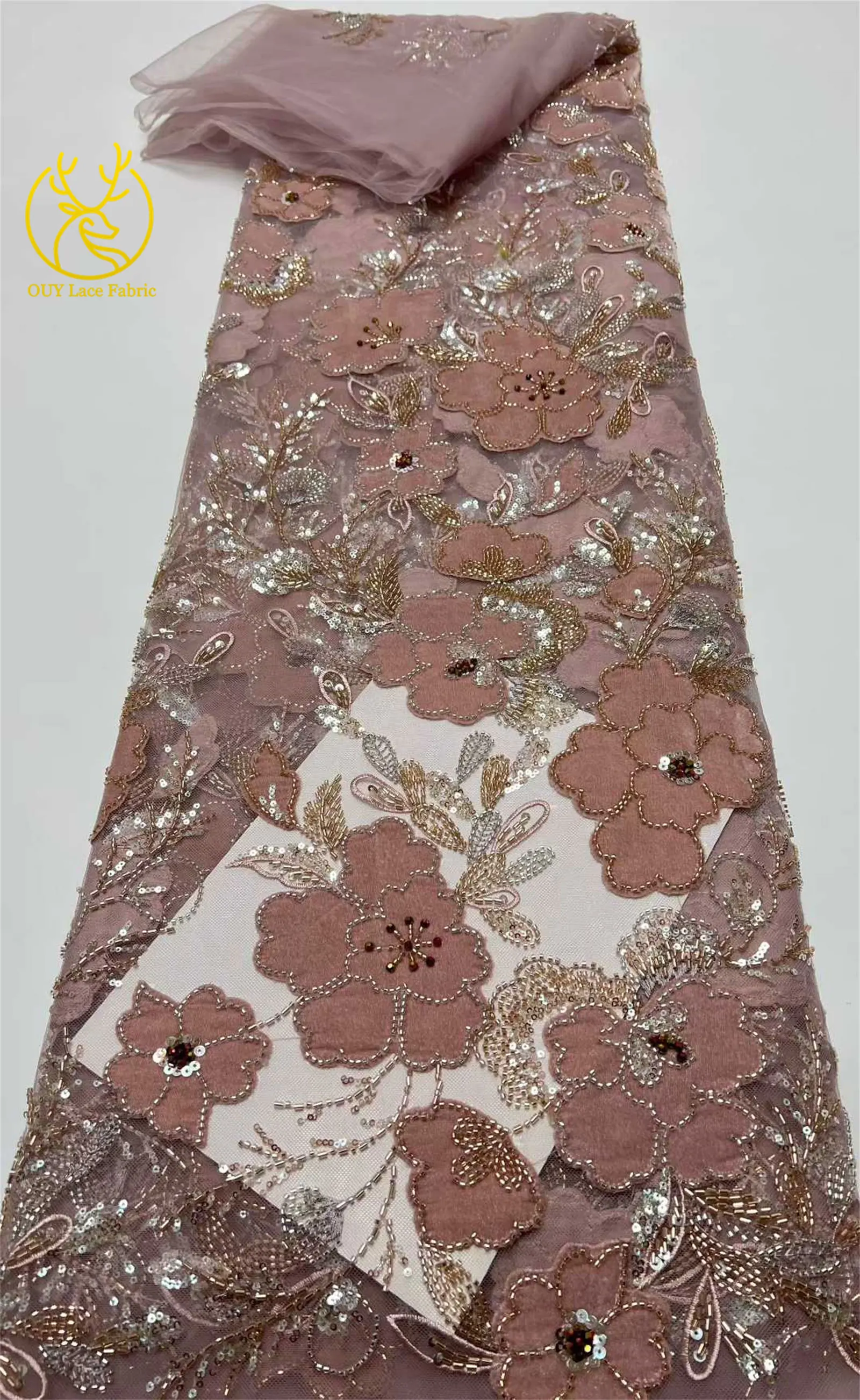 Neues Design Samt-Pailletten-bestickter Spitzenstoff 2026 Hochwertiger afrikanischer Perlen-Spitzenstoff Brautparty Hochzeitskleid Kleid – Detail 18