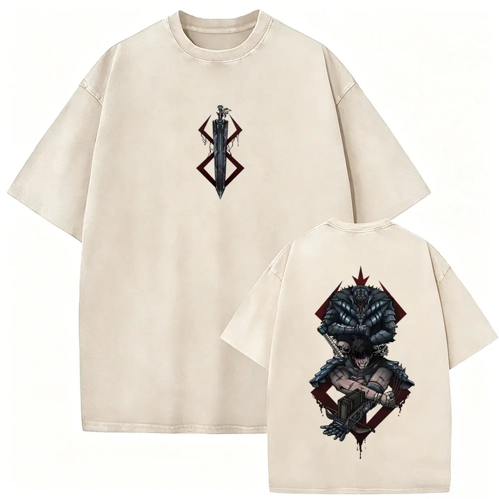 Japanese Anime Berserk Guts Vintage Washed T-shirt Retro Skull Knight Gatsu Griffith Zodd T Shirts Men Manga Oversized T-shirts