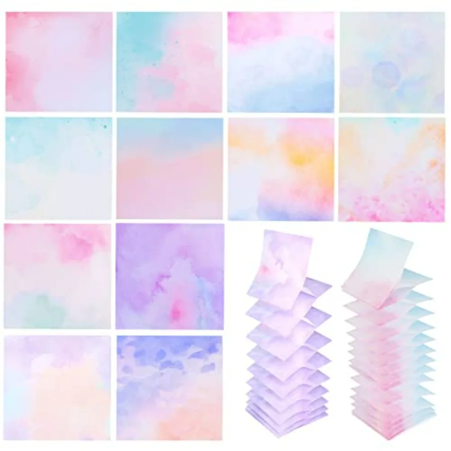 

12 Pads, 3x3 Cute Gradient Watercolor Self Stick Notes Pads, Multi Color Super Adhesive Memo Pads Refills, Easy to Post Paper H