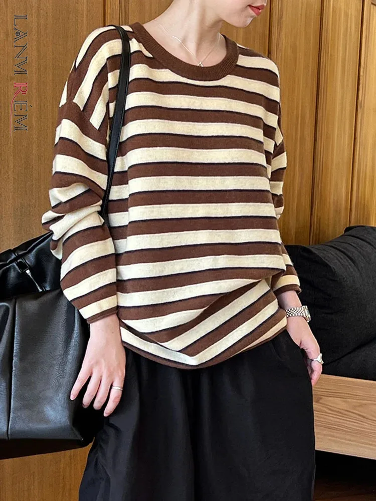 

[LANMREM] Vintage Striped Wool Knitting Sweater For Women Round Neck Long Sleeve Office Lady Tops Fashion 2024 Autumn New 26C218