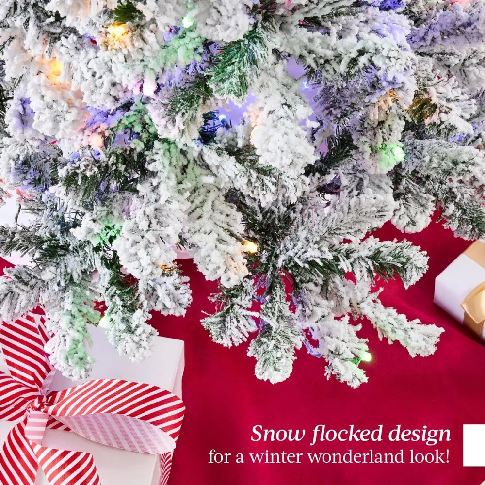 6ft Snowy Flocked Pine Artificial Christmas Tree with Dual Color LED Lights, Full