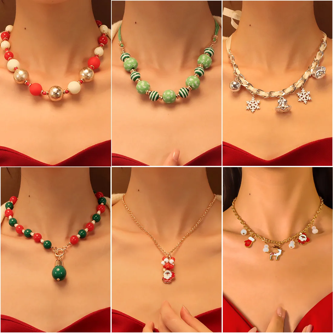 Europe and the United States hot-selling Christmas necklace fashion simple collarbone chain red green and white beaded holiday n