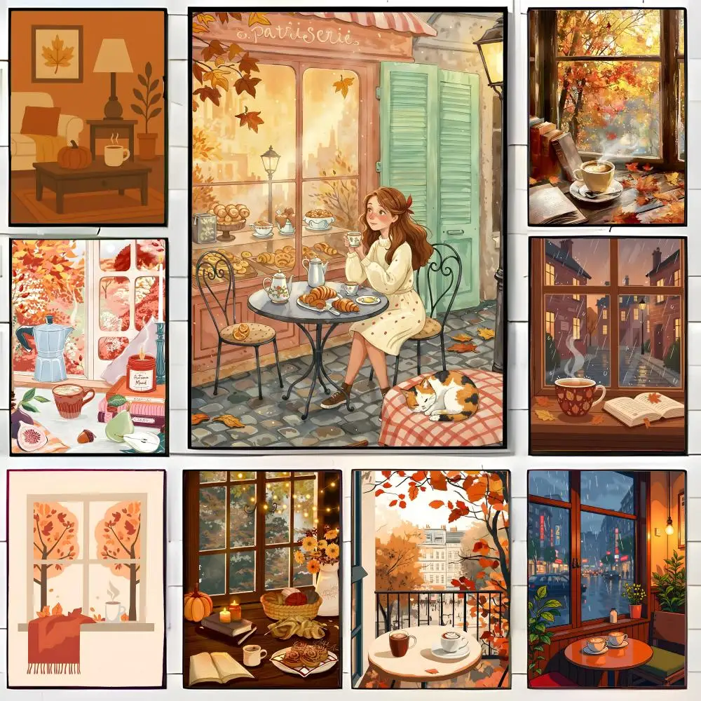 Autumn Leaves Window Coffee Poster Wall Art Print Decorative Mural Home Decor Gift Unframed