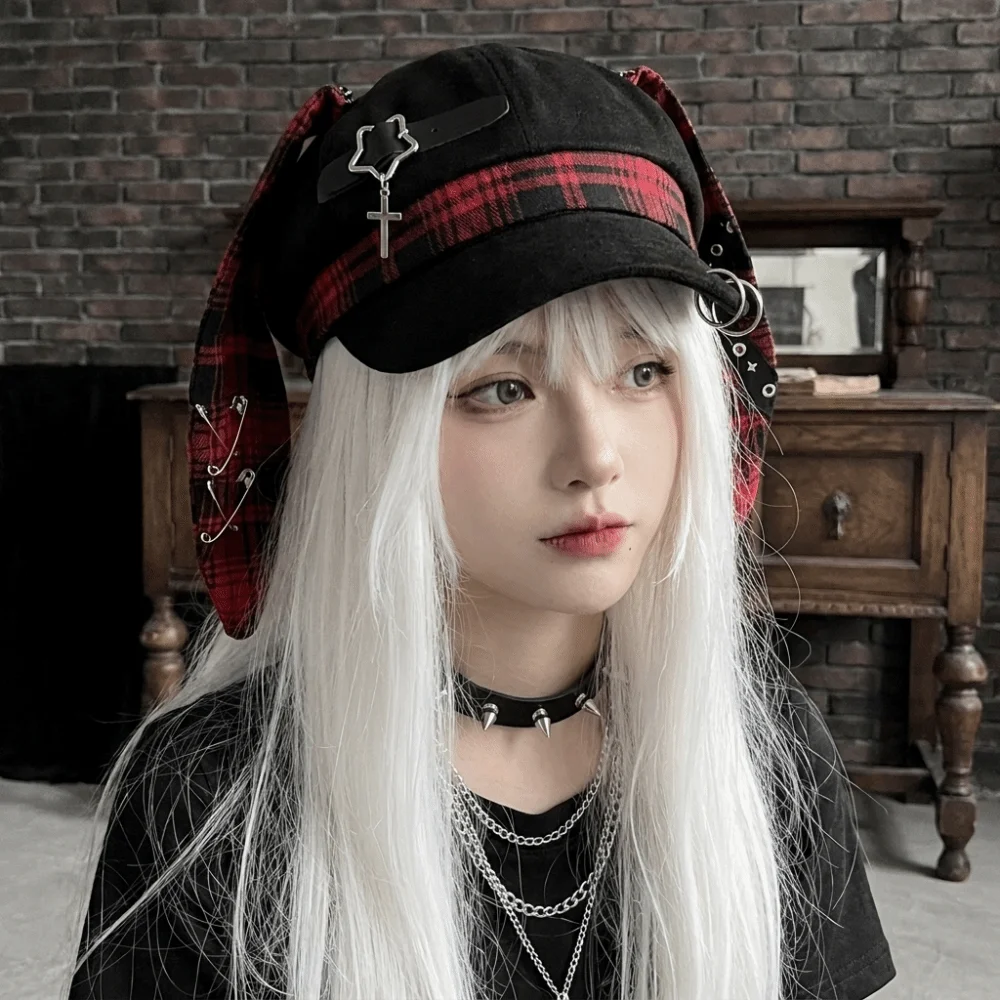 Casual Rabbit Ears Plaid Beret Hat Thin Brim Irregular Octagonal Hat Y2K Punk Painter Artist Cap Travel