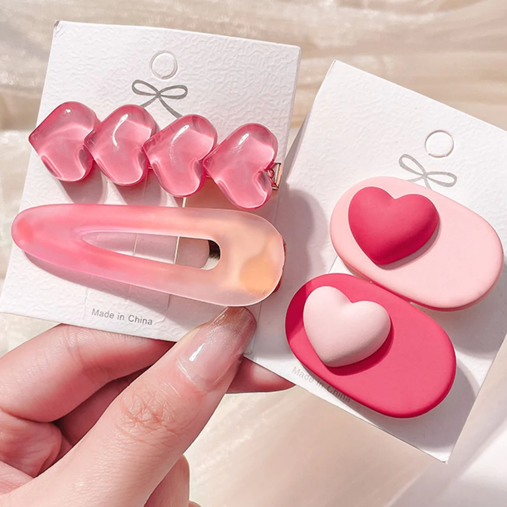 

2 Pcs/Set BB Hairpins Pink Hair Clips Pin Sweet Hairpin Female Barrettes Girls Geometric Heart Ornament Adult Hair Accessories