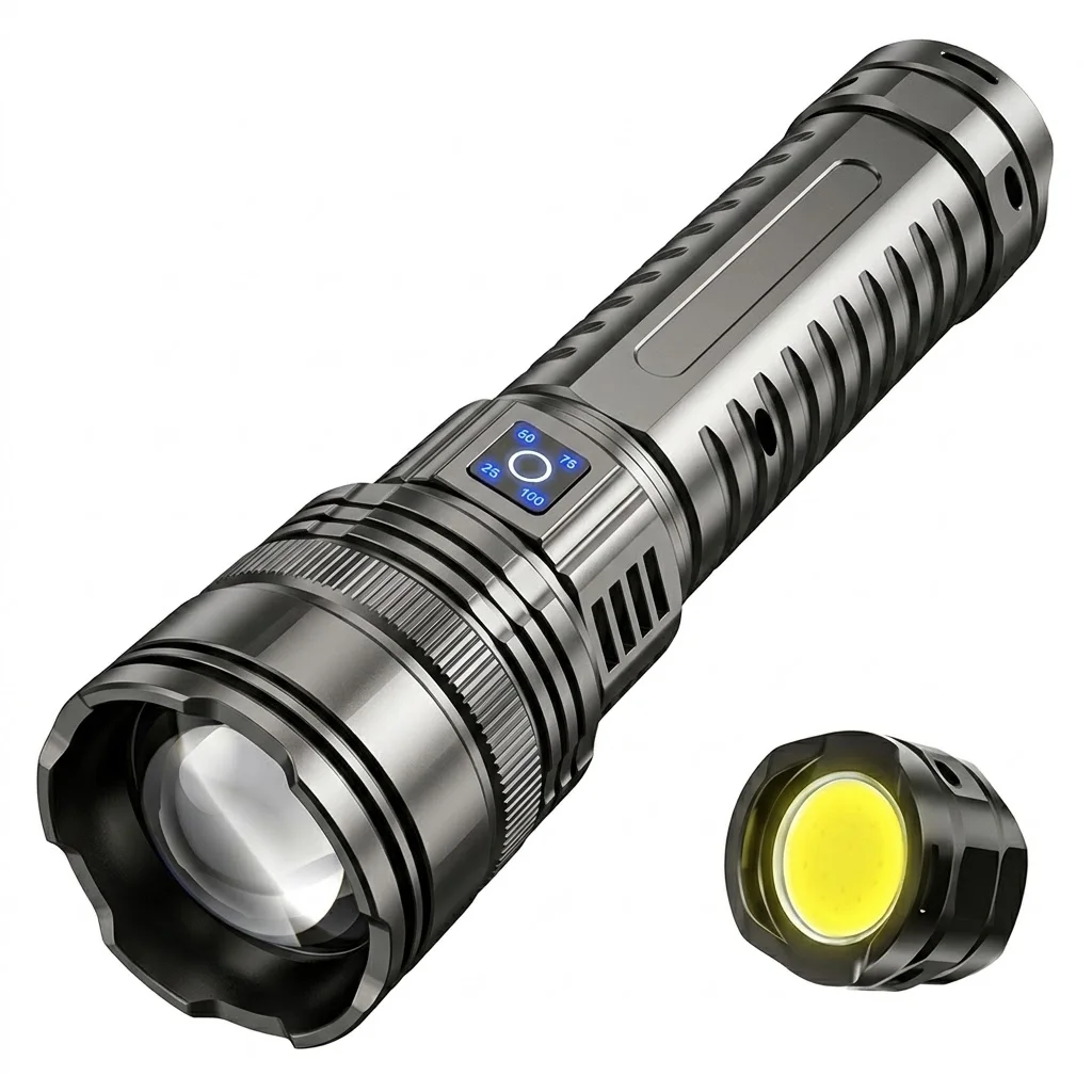 LED Rechargeable Flashlight, Super Bright High Lumen Zoomable Tactical Flashlight with COB Tail Light, Type‑C Fast Charging, Power Display, USB‑A Output Power Bank Function, Waterproof Handheld Torch for Camping Hiking Emergency Outdoor