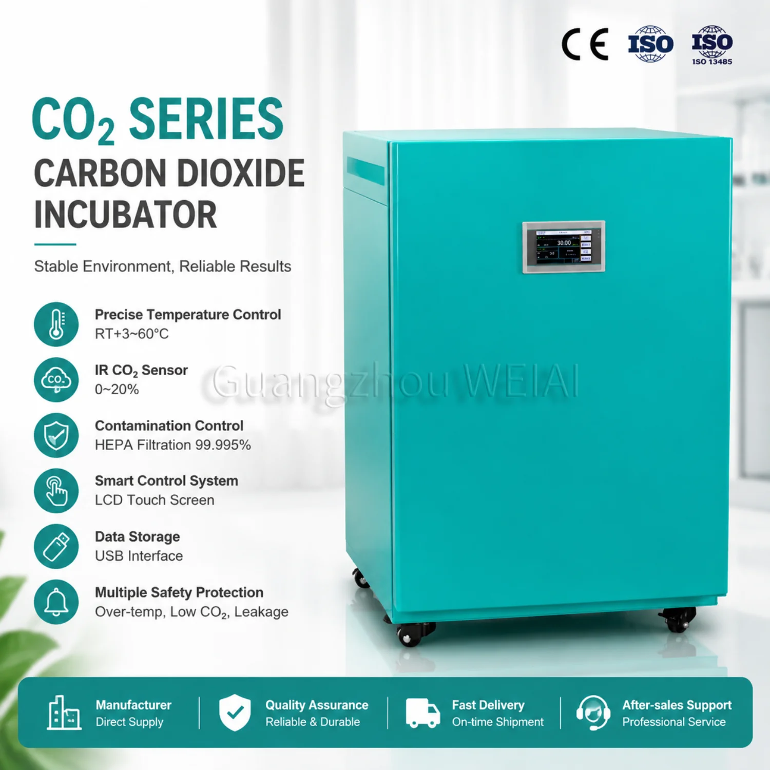 WEIAI Color Touch Screen CO2 Incubator 36/80L 0-20% CO2 Mammalian Cell IVF Stem Cell Medical Microbiology Lab CO2 Incubator