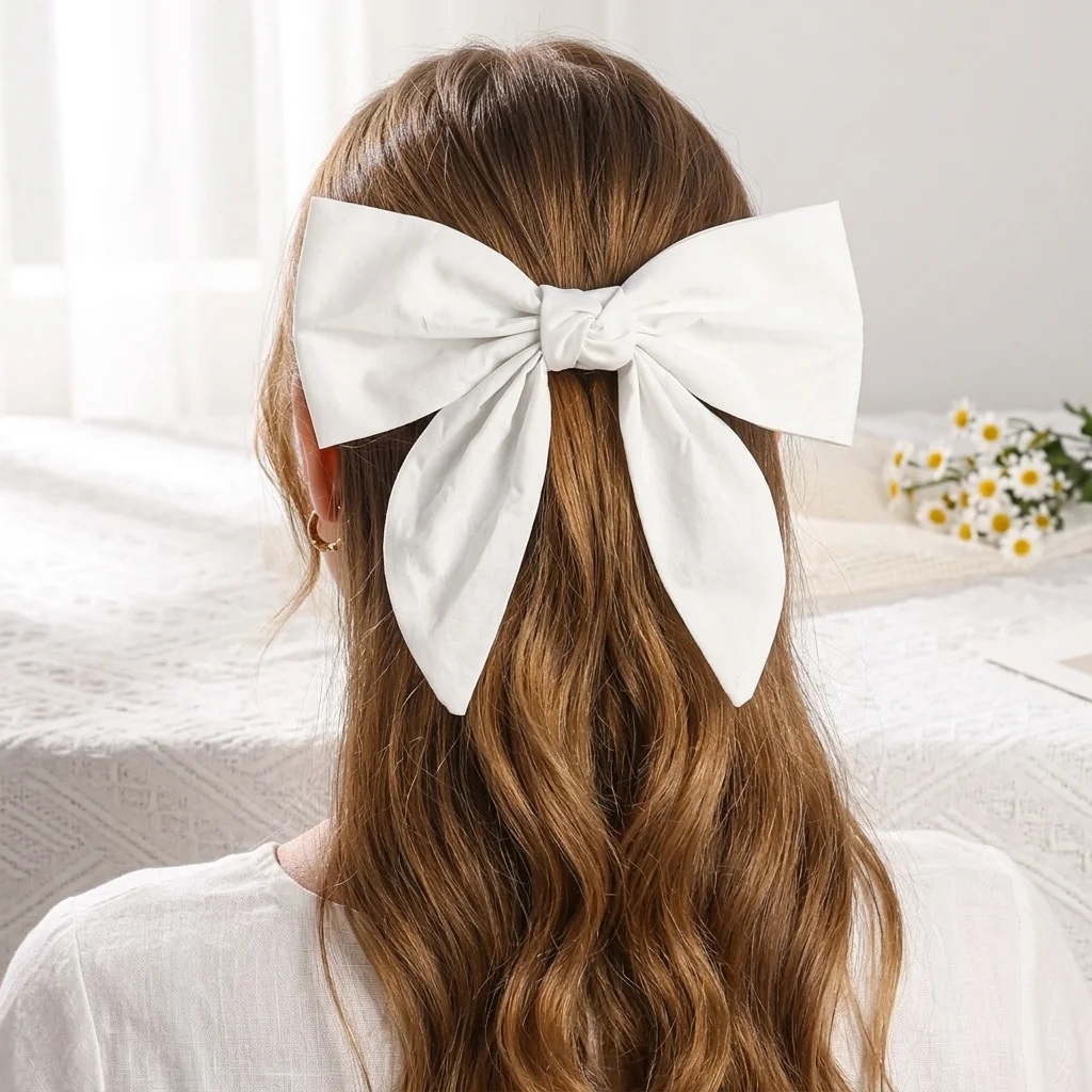 

Elegant Minimalist White Smooth Satin Large Bow Hair Clip Easy To Clean Bridal Wedding Prom Barrette Hair Accessories For Women
