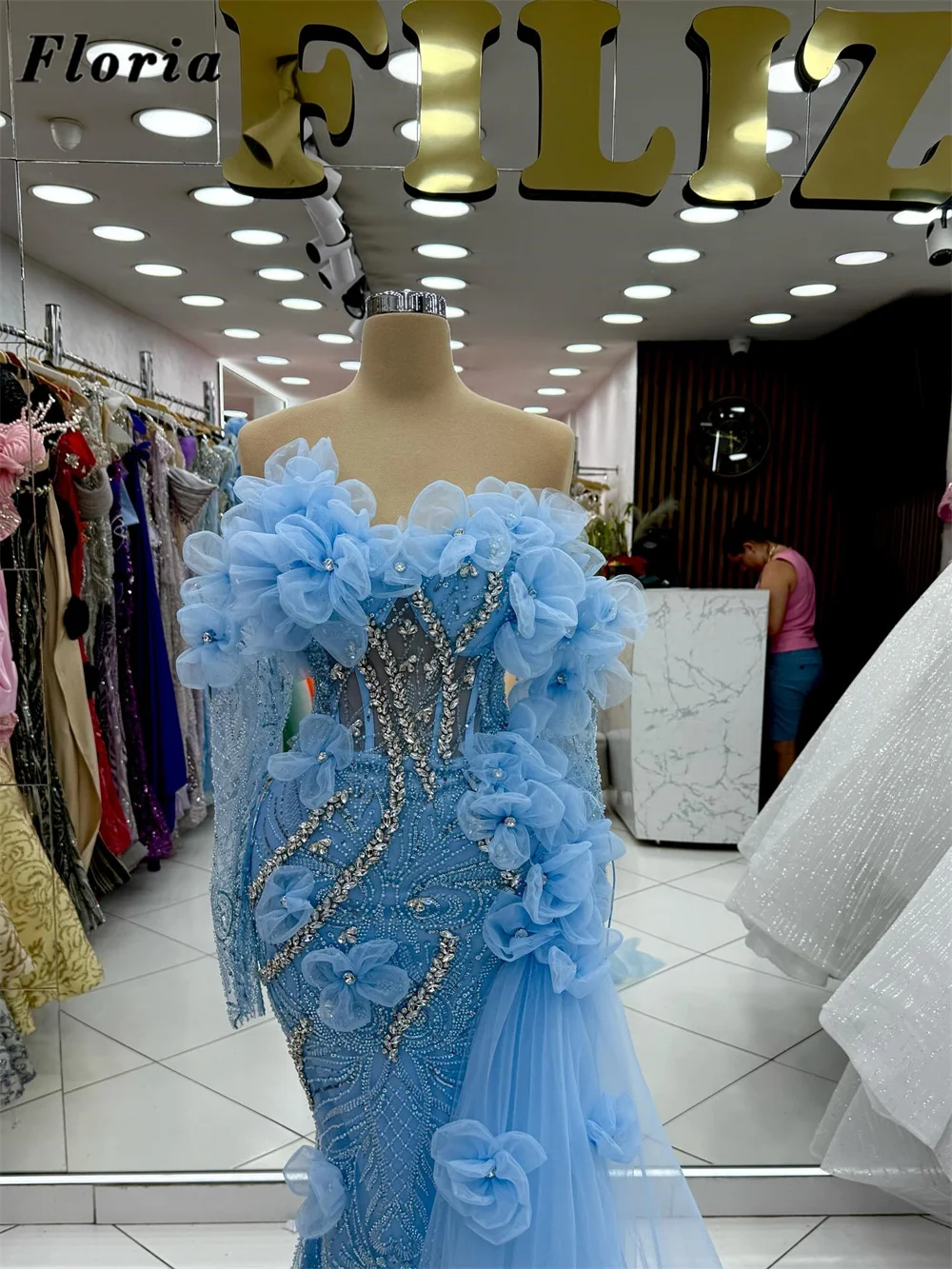 

Формальные синие вечерние платья с 3D цветами Robes De Soiree, арабское платье для выпускного вечера с открытыми плечами для свадьбы, вечернее платье по индивидуальному заказу 2025