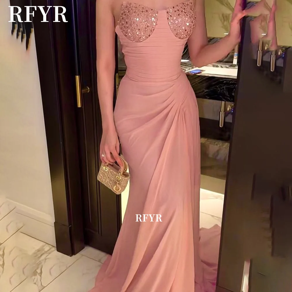 

RFYR Blush Prom Dress with Beads Mermaid Evening Dress with Sequins Party Dresses with Pleats vestidos Customized