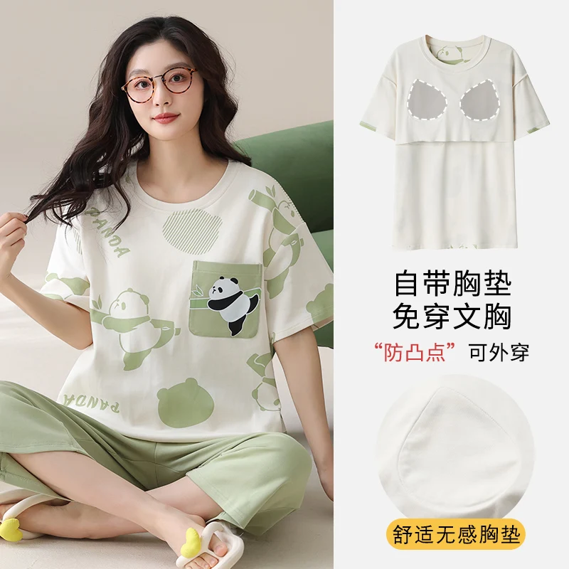 

Summer Short Sleeve Cute Cartoon Pajama Sets Women 100% Cotton Home Clothing Female Pyjamas With Chest Pad