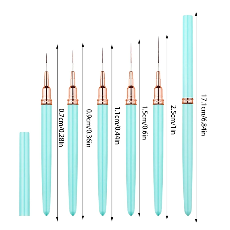 Ensemble de pinceaux à ongles avec poignée en métal, 1 à 5 pièces, 7, 9, 11, 15, 25mm, pour dessin de lignes, rayures, peinture, fleur, stylo, nail art, manucure