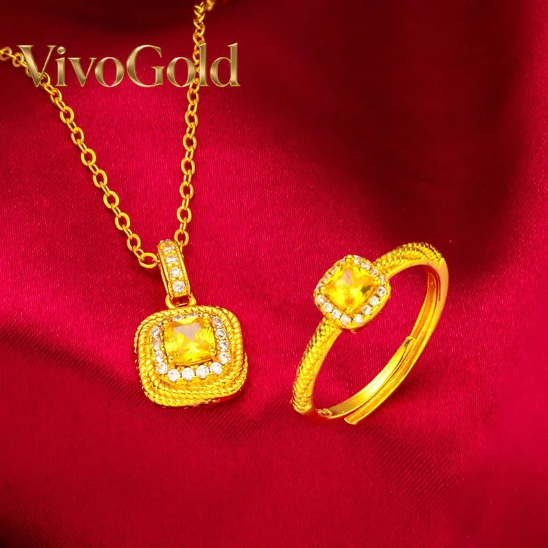 

VivoGold 24K Gold Mini Sugar Cube Ring Necklace Set AU999 Pure Gold, 3D cube design, mirror-polished finish, perfect for daily l