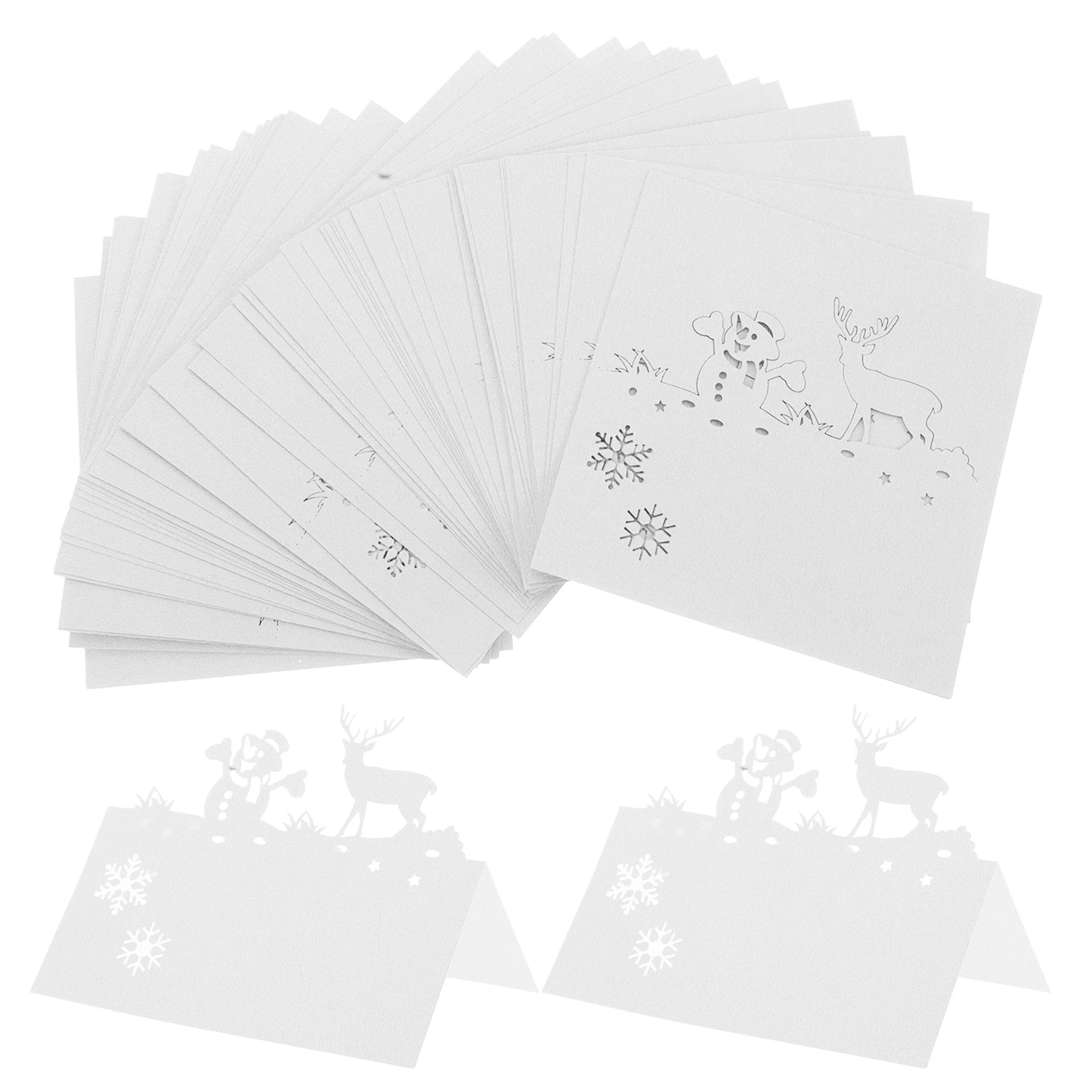 

50pcs Seat Cards Christmas Table Name Tents Reindeer Snowman Cutouts Paper Tent Cards Holiday Party Decorations Folded Die Cut