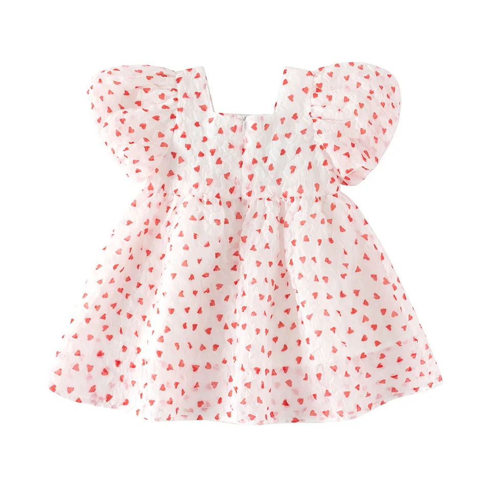 Trendy Summer Dress for Baby Girls Lovely Bow and Heart Print Dress Children Short-Sleeved Elegant Casual Cothes for Little Kids