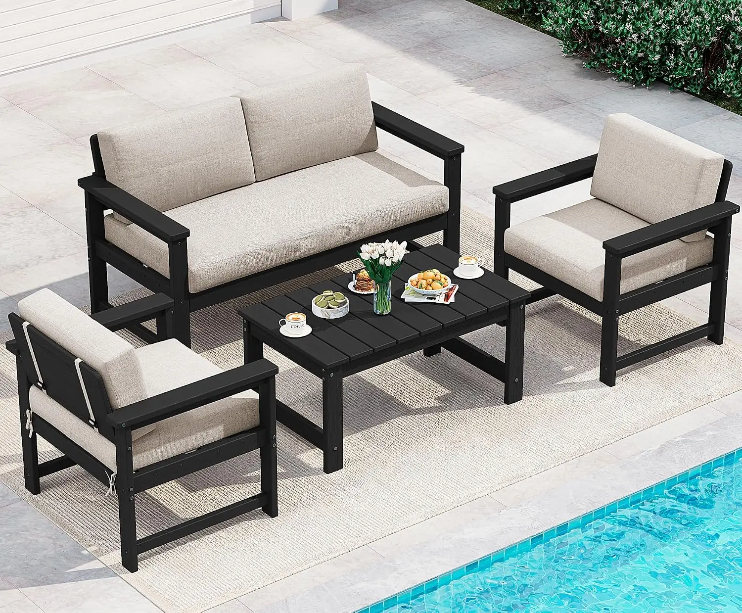 4 Pieces HDPE Outdoor Conversation Sofa Set with Cushions, Customized