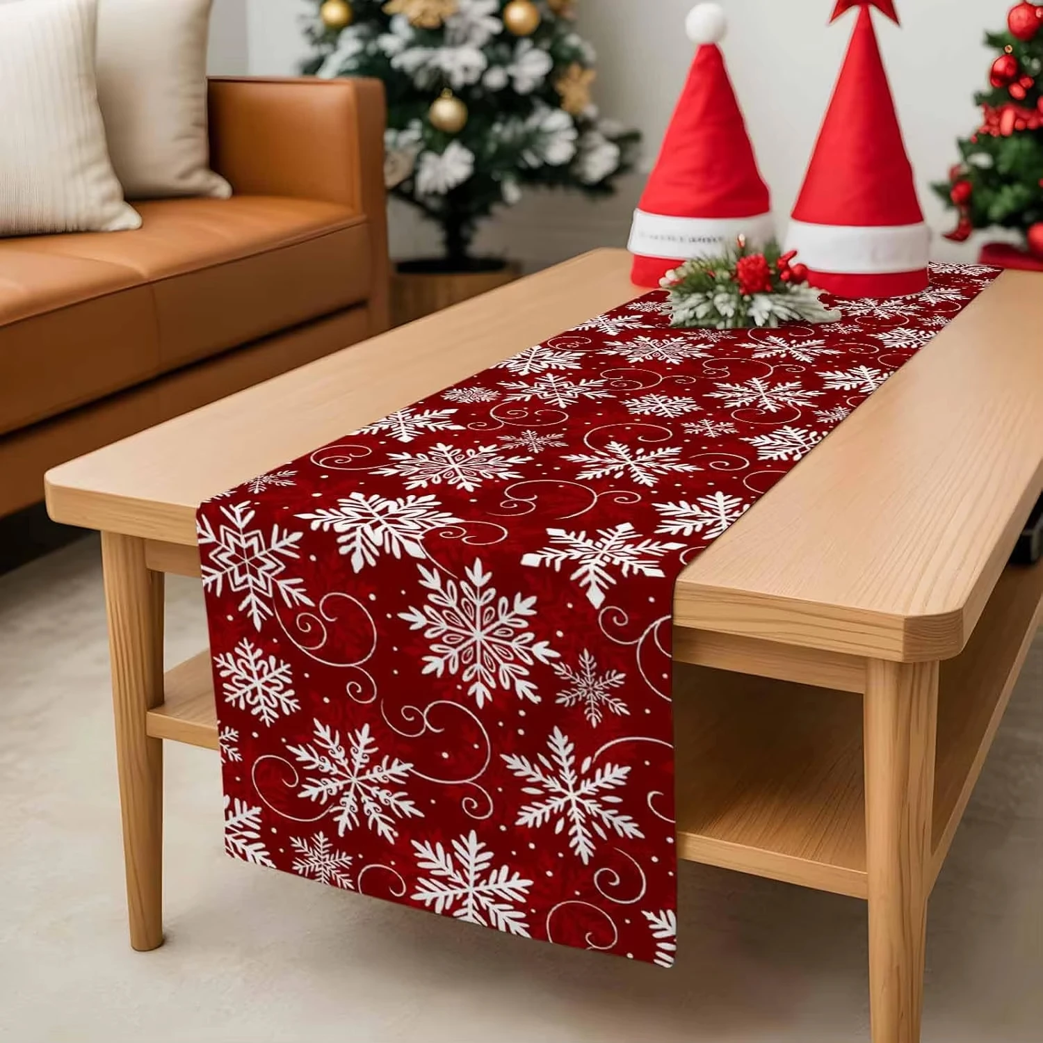 Merry Christmas Snowflake Linen Table Runner | Winter Xmas Festive Decor for Kitchen Dining Table & Holiday Party