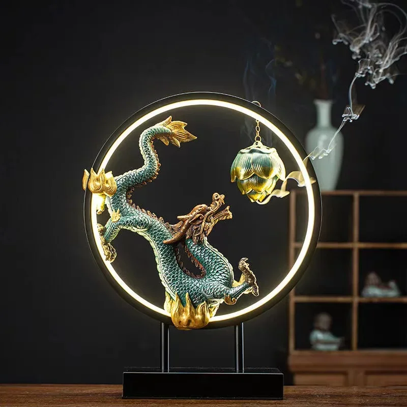 Chinese LED Lamp Ring Dragon Ceramic Zen Flow Incense Burner Home Decor Living Room Decoration Desktop Accessories