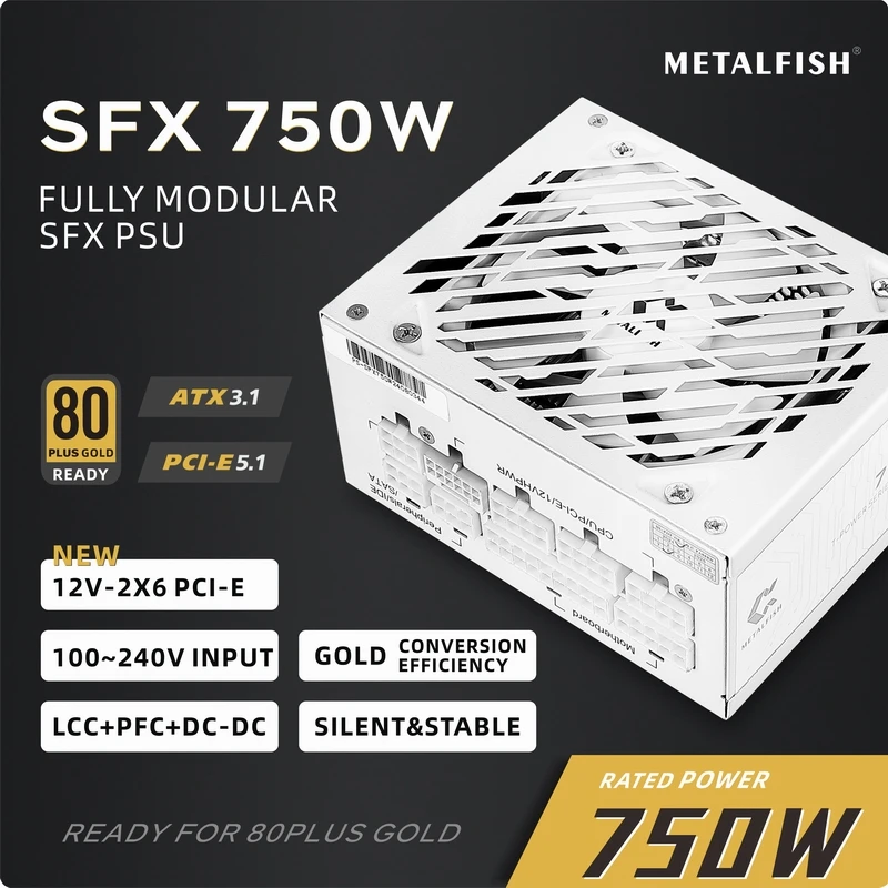 METALFISH Beluga SFX-750W 80 Gold PC PSU Power Supply Full-Modular For Mini ITX/Micro ATX Support ATX3.1/PCI-E5.1 100/240V Input