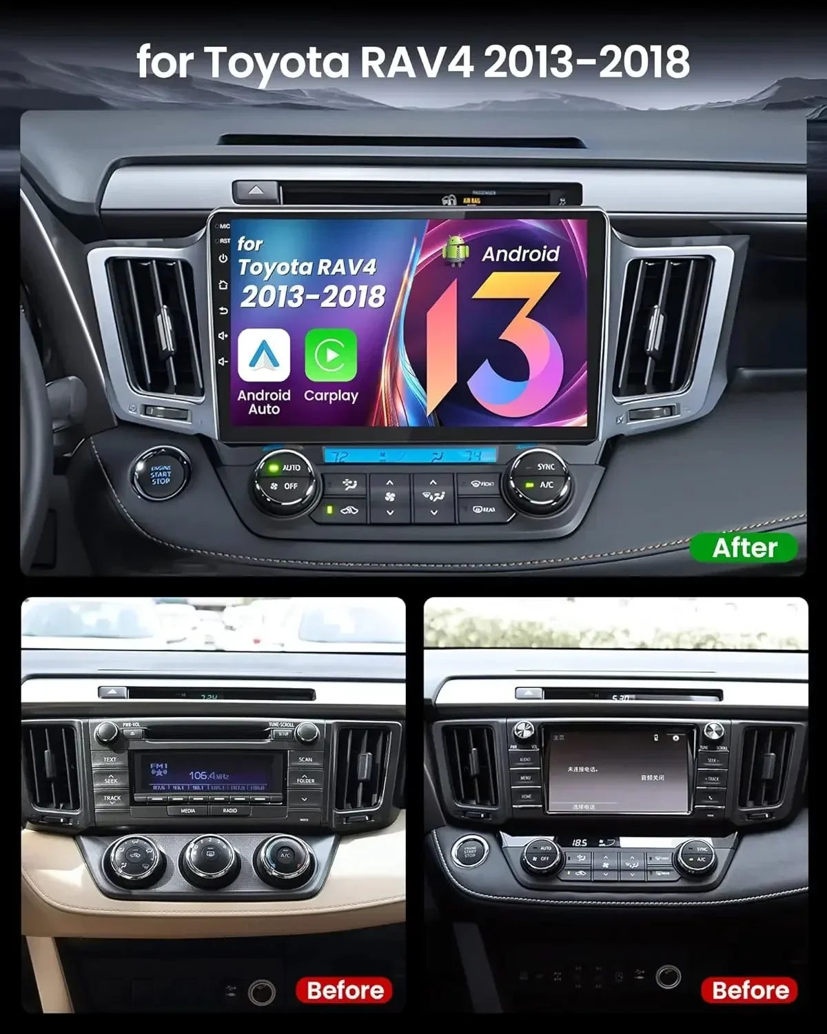 

Для Toyota RAV4 Android 13 2013-2018 автомобильная навигационная система 10-дюймовая встроенная система с CarPlay + Android Auto/4G + 64G автомобилей