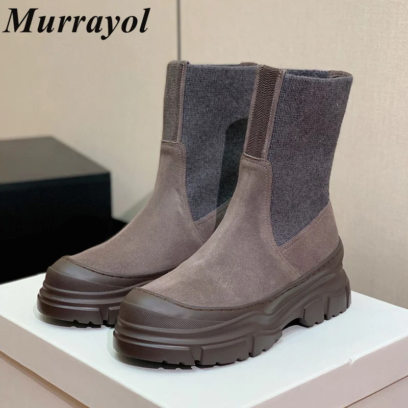 Cow Suede Elastic Band Splicing Ankle Botas Women Round Toe Lacer-up Thick Bottom Short Boots Autumn Winter Chelsea Boots