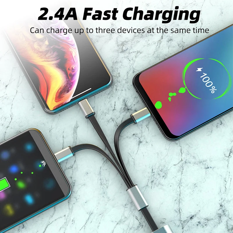 كابل USB معدني 3 في 1 للشحن السريع لهاتف iPhone وسامسونج وهواوي كابل شاحن مايكرو USB C مخفي متعدد قابل للسحب هدايا إبداعية