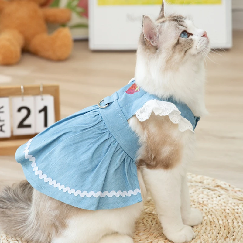 Cat Clothes Cute In Strawberries Tow Rope Two Feet Denim Skirt Puppet Blue Cat Hair Proof Pet Clothes Princess Summer Dress