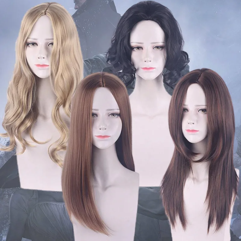 Peluca sintética ondulada larga para mujer, disfraz negro y marrón, pelo de fiesta para Cosplay, resistente al calor, vestido elegante de Halloween, flequillo lateral