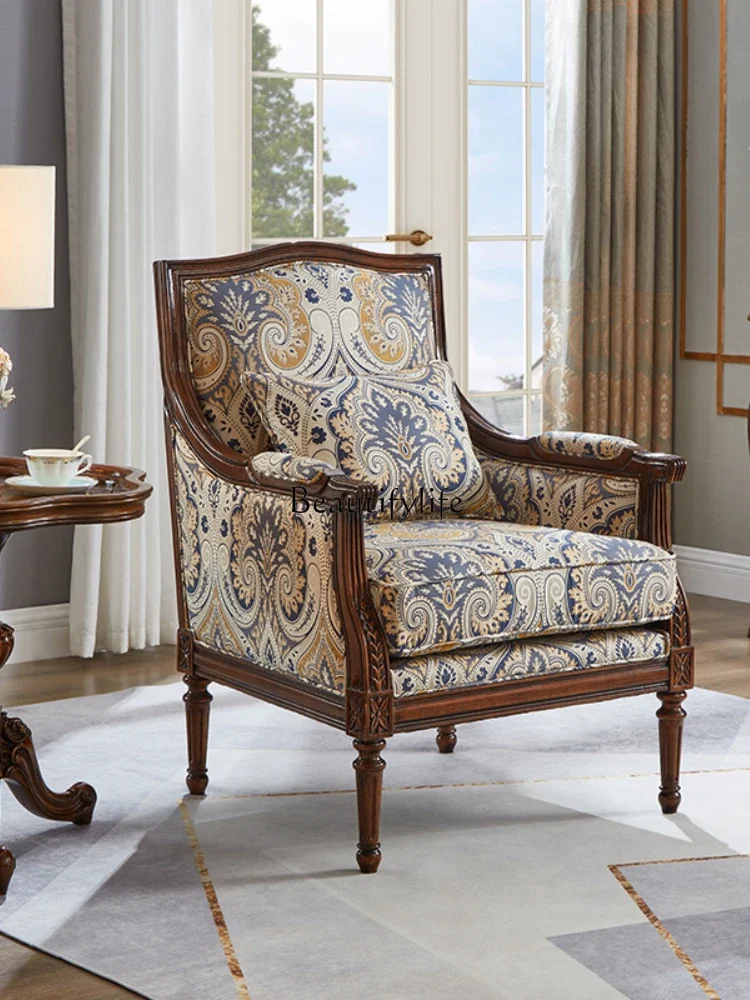 

01 American casual sofa chair single simple fabric all solid wood tiger chair retro