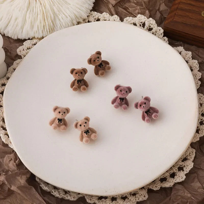 Minar Cute Pluffy Plush Cartoon Bear Earrings for Women Girl Pink Beige Brown Color Hairy Animal Drop Earrings Winter Jewelry