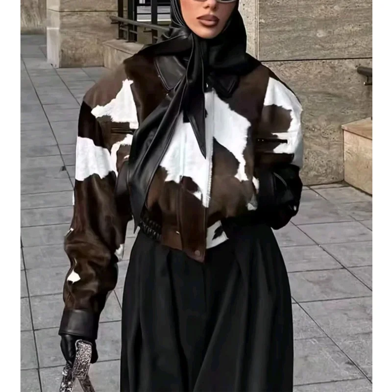 Damska kurtka w stylu retro, długi płaszcz z kołnierzem, nadruk, skóra PU, sztuczna skóra, odzież wierzchnia, nowość na zimę