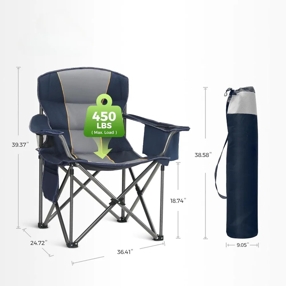 Camping Folding Chair with Refrigerated Bag Support, Steel Frame Foldable Soft Cushion Arm, Suitable for Outdoor Lawns