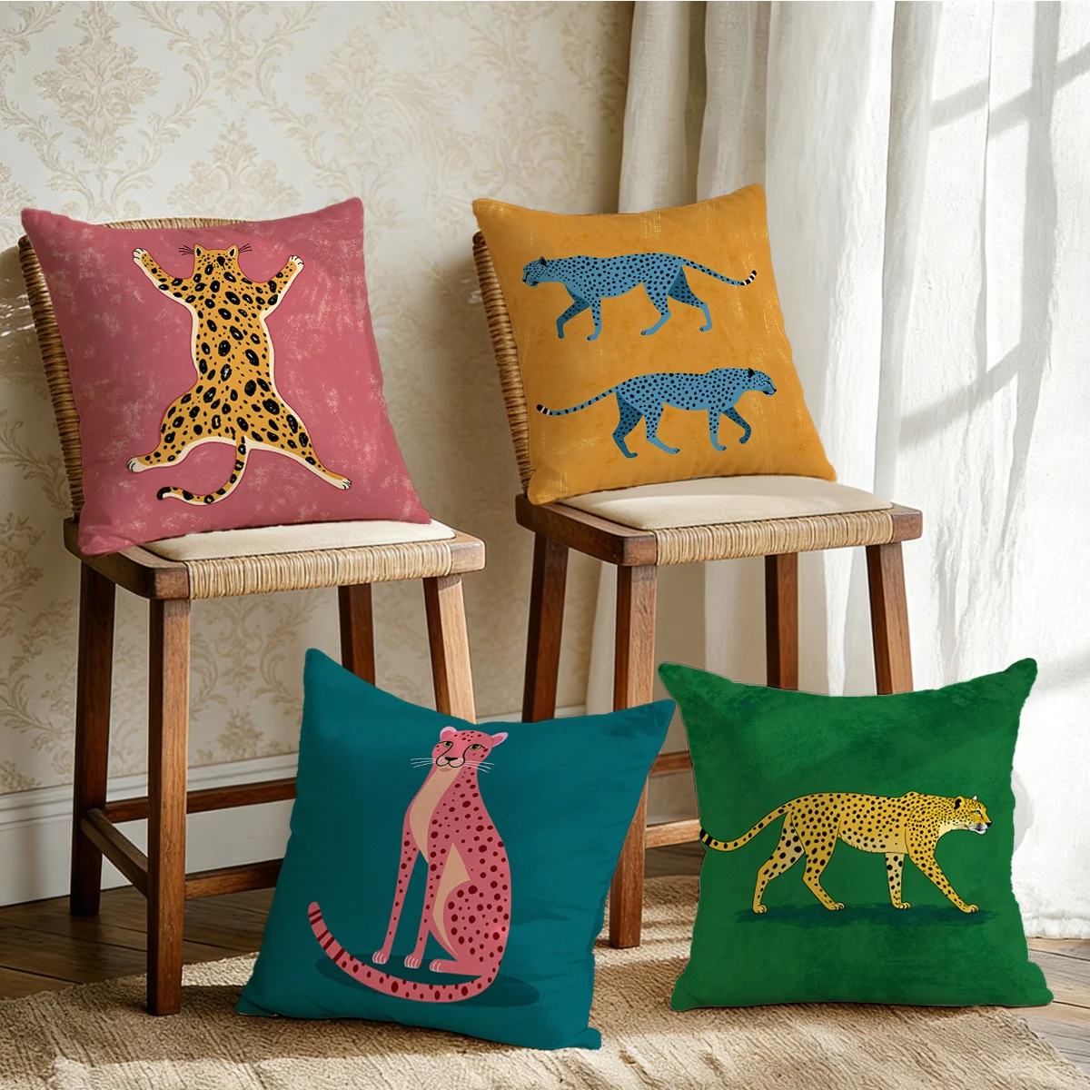 4Pcs Cartoon Leopard Throw Pillow Covers with Multicolor Solid Base Cheetah Print Cushion Cases for Sofa Living Room Bedroom