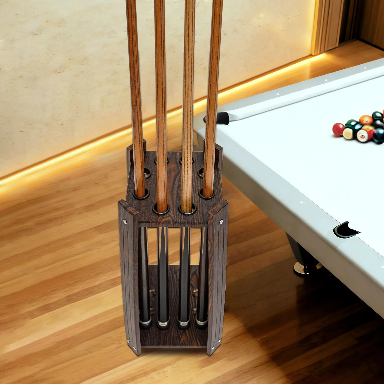 

8-Hole Billiard Cue Rack Wood Multifunctional Pool Stick Stand Holder Cue Holder Floor Mount for Fishing Rod Golf Club