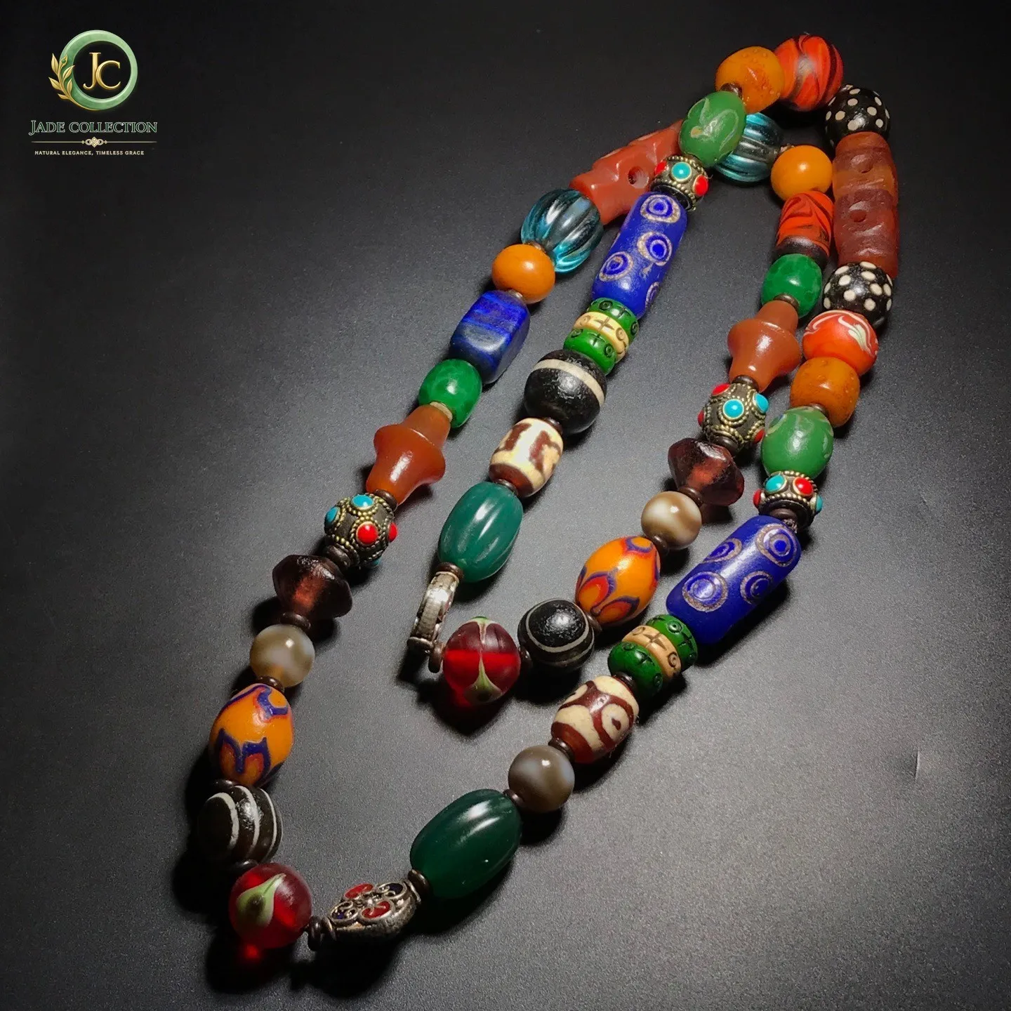 Unique Tibetan Old Agate Dzi Multiple patterns Beads Necklace J0429