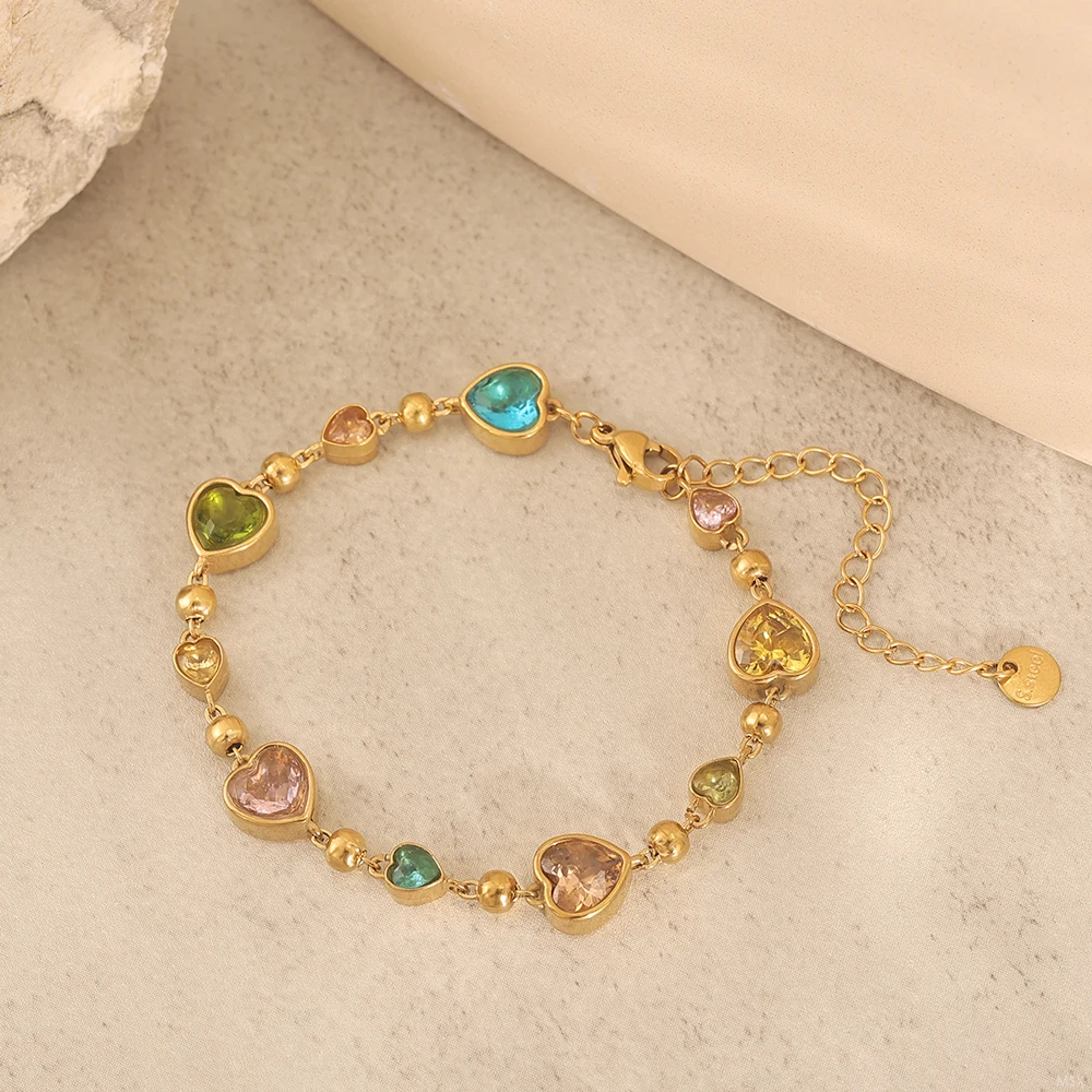 Exquisites Regenbogen-Herz-Kristallarmband für Damen, Edelstahl PVD 18K vergoldet, lichtbeständig, beliebtes Schmuckzubehör – Detail 6