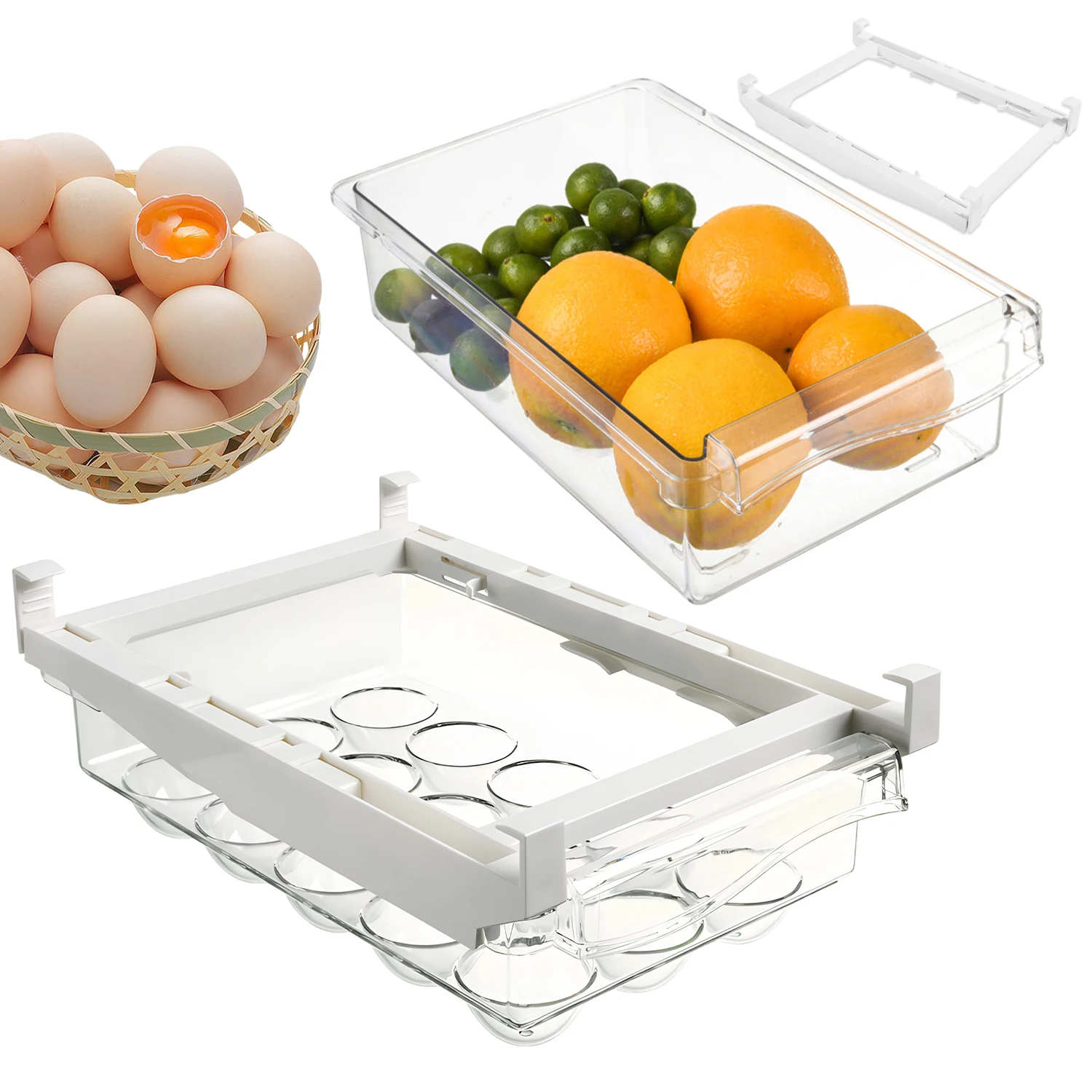 2er-Pack Hängende Aufbewahrungsboxen für unter dem Regal, Transparenter Kühlschrank-Organizer mit Eierhalter, Verstellbare Plastik-Obst- und Gemüsebox für Schrank, Spüle, Tisch