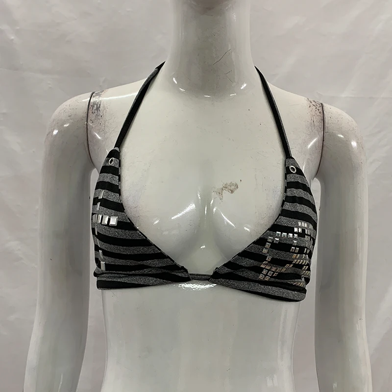 Summer Fashion Beach Swimsuit Hanging Neck Top Harajuku Aesthetics Sexy Girl Striped Square Rhinestone Gothic Three Point Bikini